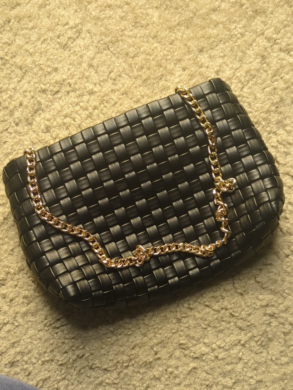 Woven Vegan Leather Chain Shoulder Bag in Black with Gold Chain